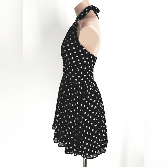 Y2K Black and White Polka Dot Gorgette Halter Dress - Picture 2 of 7